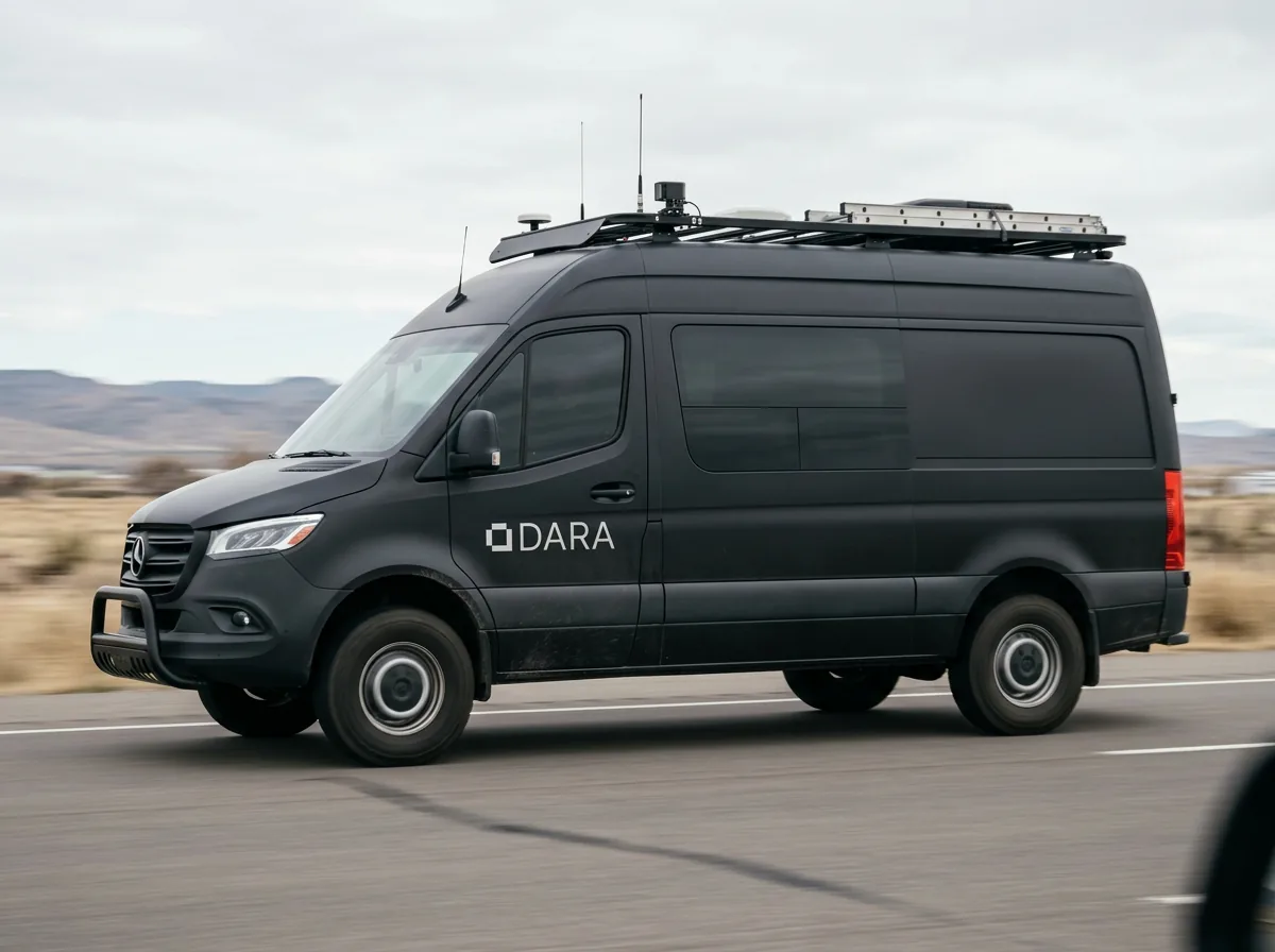 A black DARA van with sensors on its roof rack, driving on an open road.